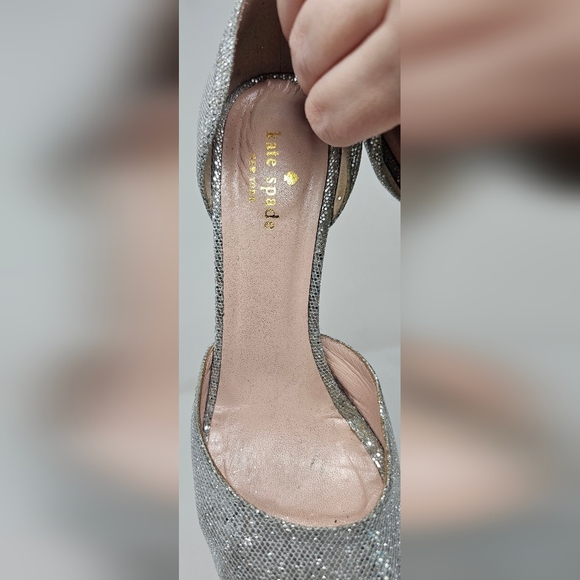 Kate Spade New York Silver Glitter Sage D'Orsay Peep Toe Heel Pumps Size 8B - Picture 4 of 14
